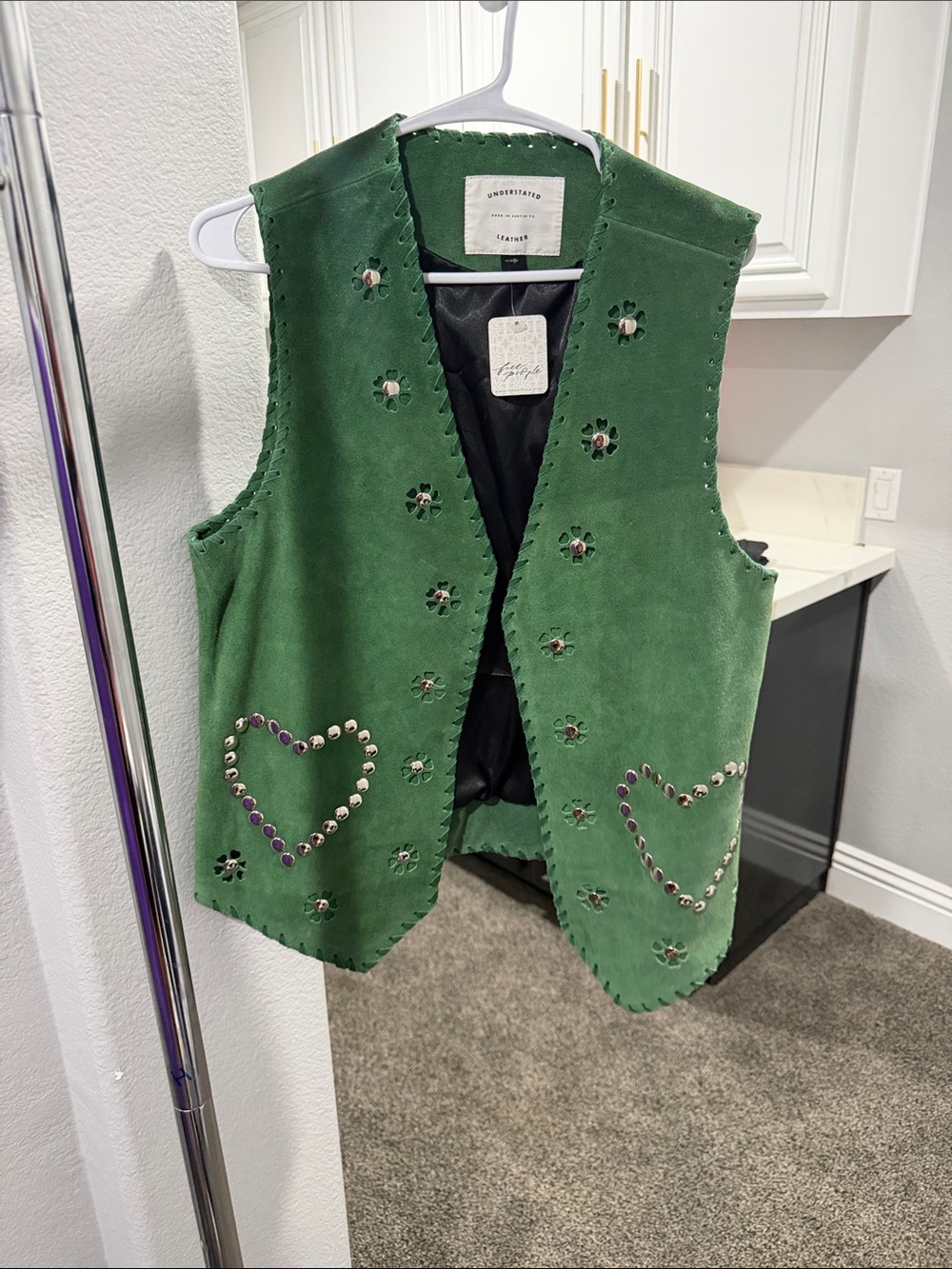 Free People Green Suede Studded Heart Vest